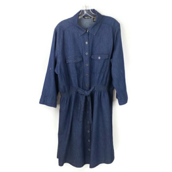 Millenium Dark Blue Chambray Cotton 3/4 Sleeve Button Front Dress Womens 2X - Picture 4 of 11